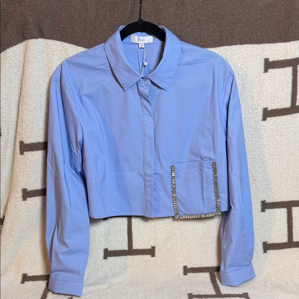 OVI Light Blue Cropped Shirt with Silver Accent pocket - Picture 1 of 14
